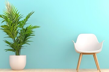 A light-blue room with a potted plant and a white chair.