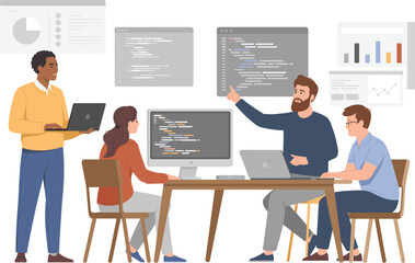 Diverse team collaborating on software development project in office Keywords: team