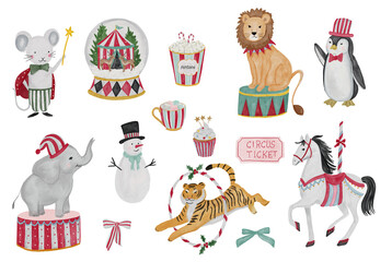 Whimsical Winter Circus Watercolor Christmas Animal illustration set features lion, elephant, Horse. Perfect for Christmas cards, festive invitations, posters, packaging, and children’s illustrations.