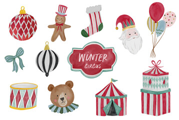 Winter Circus Whimsical Christmas Watercolor Clipart Set featuring Santa, circus tents, ornaments holiday invitations, packaging, greeting cards, posters, and festive branding.