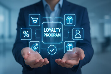 Fototapeta premium Businessman holding glowing loyalty program interface. great marketing incentive for customer retention and business