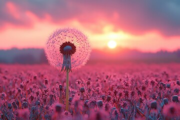 A vibrant dandelion at sunset over a field of flowers.