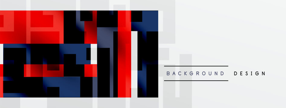 Abstract geometric pattern. Red, navy, silver squares overlap white space. Minimalist design suggests modern aesthetic.