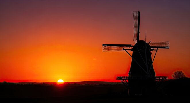 Stunning windmill silhouette against vibrant sunset sky in serene rural landscape, perfect for travel inspiration or peaceful getaway promotions