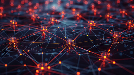 Neural Data Grid – Glowing Node Network in Red-Orange Digital Matrix