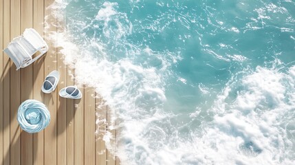 Light-blue beach accessories on light-brown wooden planks with turquoise ocean waves.