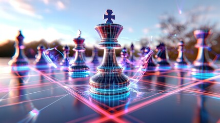 Futuristic chess piece king on a glowing  board.