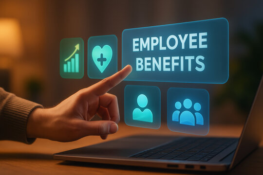 Person selects new employee benefits incentive program futuristic interface. Human resource technology with virtual icons