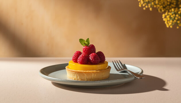 Pastry tart with raspberries and mint on plate in soft lighting  