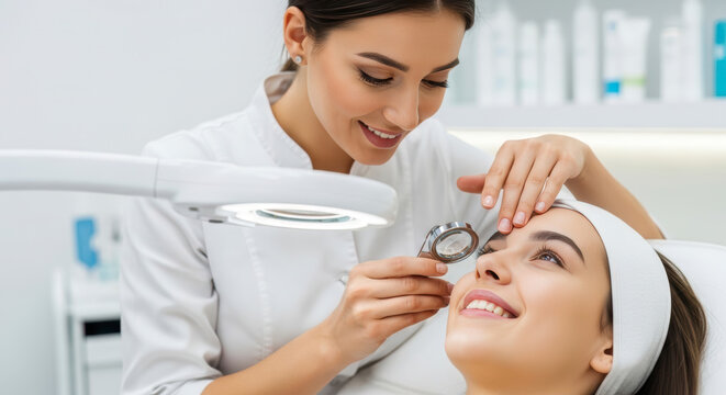 Smiling beautician meticulously examines young client's facial skin condition with magnifying lamp in spa clinic