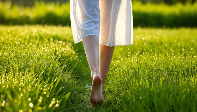 Woman walking barefoot on green grass in a sunlit field  