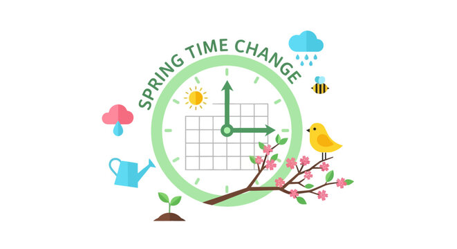 A conceptual flat vector illustration representing the spring forward time change, with a clock and seasonal nature icons