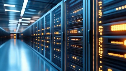 High tech server rack corridor glowing blue and orange lights modern data center server room - Powered by Adobe