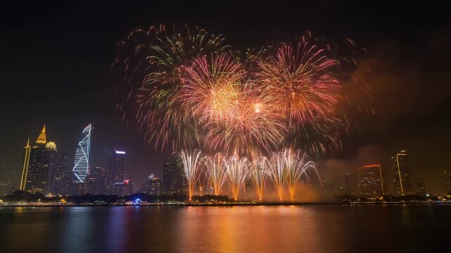 Spectacular Fireworks Display Over City Skyline at Night