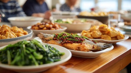 Obraz premium A variety of Asian dishes including fish, vegetables, and dumplings are beautifully arranged on a dining table, inviting a communal dining experience.