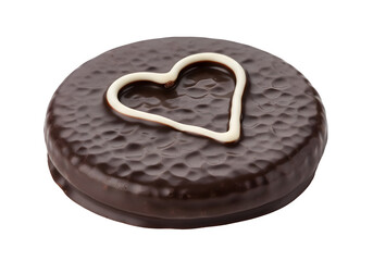 a chocolate covered cookie with chocolate icing cutout and isolated on transparent or white background. PNG
