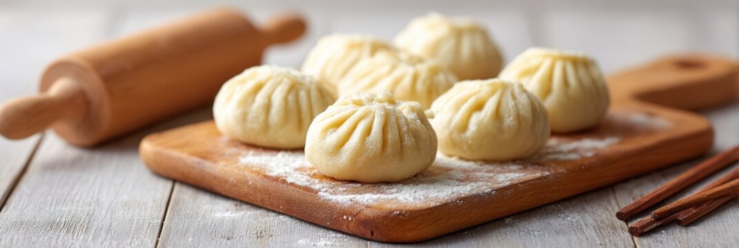A close-up of freshly made dumplings resting on a wooden cutting board, surrounded by flour and a rolling pin, evoking a cozy kitchen atmosphere.