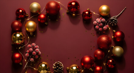 Obraz premium Festive Christmas Ornament Frame on Burgundy Background for Holiday Greetings