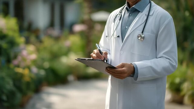male doctor standing in hospital garden with stethoscope and clipboard soft birdsong wellness break healthcare human side three quarter wide angle cinematic color correction gent