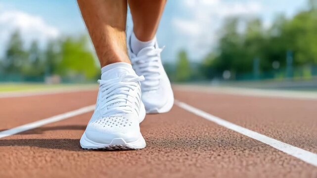 White running shoe on track close up athlete stride energetic morning jog track scene