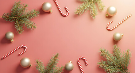 Festive holiday background with candy canes, ornaments and pine tree branches