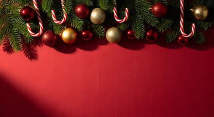 Festive Holiday Background with Christmas Ornaments, Candy Canes and Pine Branches
