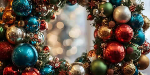 Festive holiday wreath with colorful ornaments