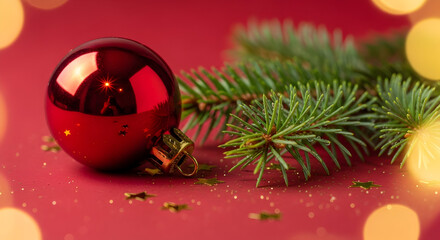 Festive Holiday Still Life: Red Christmas Ornament with Evergreen Branch