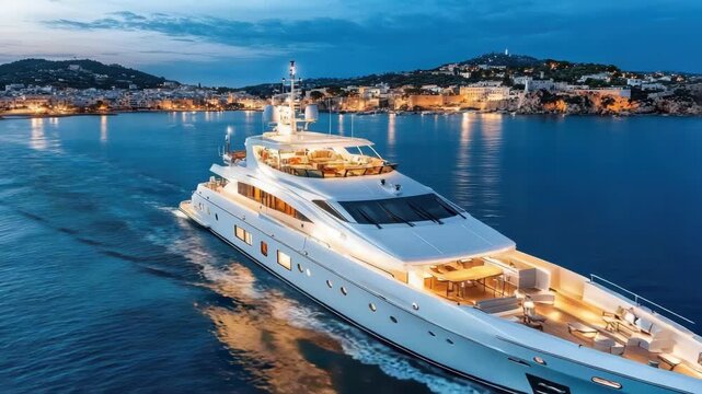 Luxury yacht evening cruise dusk near coastal town with warm deck lights calm harbor boat skyline