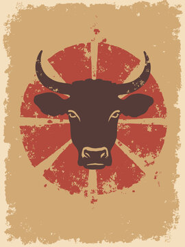 Atomic-age cattle brand &mdash; geometric brand mark on distressed leather texture with radius stripes, retro brown & red, no people