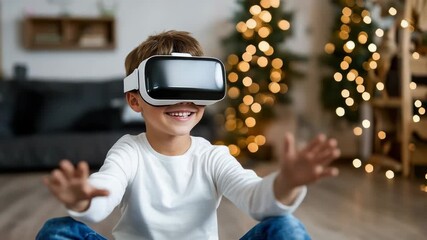 Smiling boy wearing virtual reality headset and vr goggles reaching forward joyful child exploring - Powered by Adobe
