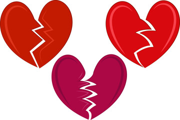 Dramatic vector clip art of three glossy broken hearts in shades of red and magenta, symbolizing sadness, heartbreak, and relationship pain for anti-Valentine's use.