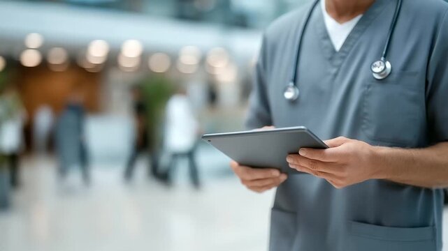 male healthcare professional holding digital tablet with stethoscope hanging on neck bright hallway muted chatter innovative hospital three quarter wide angle cinematic color corr