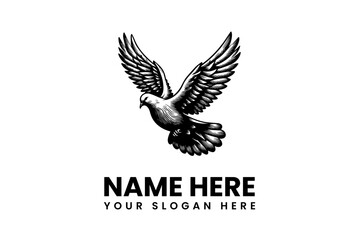 Hand-drawn flying dove logo design template. Vintage pigeon with spread wings illustration in black and white. Vector graphic for business identity 52.eps