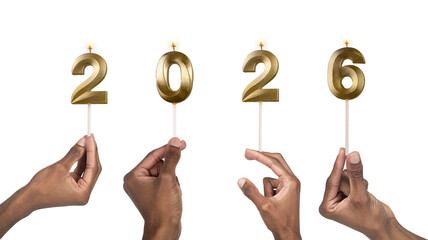 Close-up of fingers holding shiny 2026 candles symbolizing start of new year, celebration, joy and