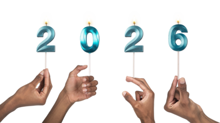 Black person hands holding lit 2026 candles for New year celebration, isolated on white background.