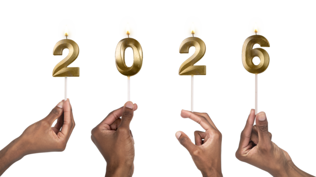 Close-up of fingers holding shiny 2026 candles symbolizing start of new year, celebration, joy and