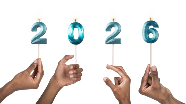 Black person hands holding lit 2026 candles for New year celebration, isolated on white background.
