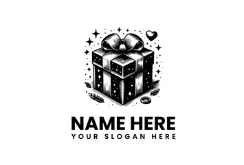 Charming black and white logo illustration of a festive gift box with a ribbon bow, surrounded by sparkles and a heart. Hand-drawn vintage style present icon for brand identity. Vector 59.eps