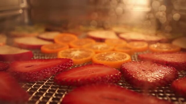 Dehydrated fruit slices in an oven with warm glow