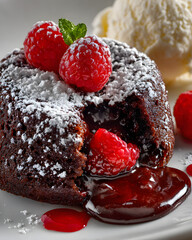 Chocolate lava cake with raspberries and vanilla ice cream