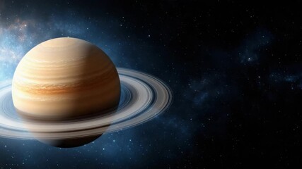 Ringed gas planet with glowing bands and dusty rings in deep space nebula starfield ring - Powered by Adobe