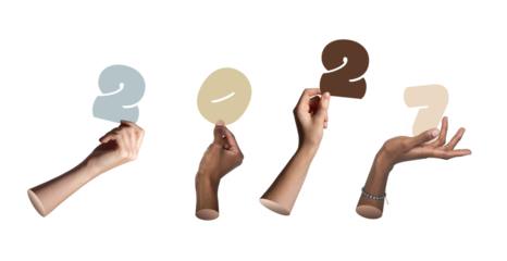 Diverse group of hands lifting 2027 New Year numbers, isolated on white background.