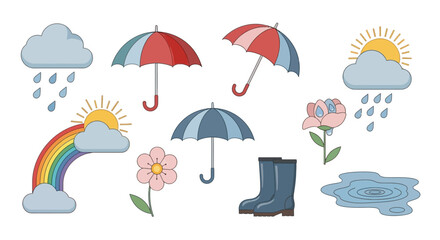 Whimsical spring and rainy day weather elements collection with vibrant umbrellas, cheerful clouds, a colorful rainbow, blooming flowers, and protective rain boots