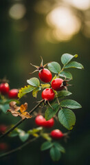 Obraz premium Vibrant Red Rosehip Berries on a Branch, Illuminated by Soft Golden Bokeh Light, perfect for Wallpaper