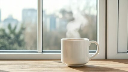 Steaming white coffee mug wooden windowsill morning city view cozy soft light ceramic cup steaming - Powered by Adobe