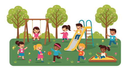 Children having fun on a playground with swings, slide, and sandbox