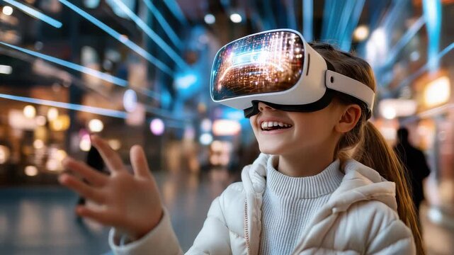 Young girl wearing virtual reality headset smiling and exploring futuristic mall with joyful wonder