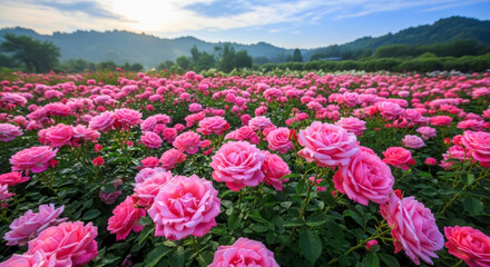 Dew-Kissed Pink Roses Blooming Vibrantly in a Beautiful Garden Under a Clear Morning Sky