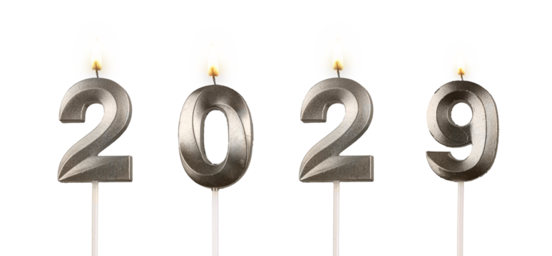Glossy lit 2029 candle numbers shining warmly, festive New Year concept of light, joy and holiday